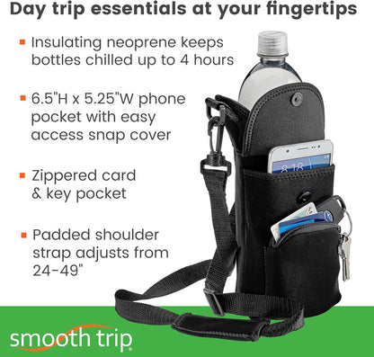 Smooth Trip Neoprene Water Bottle Sleeve with Phone Pouch - Insulated Water Bottle Holder with Storage Pockets and Padded Strap for Walking and Hiking - Fits up to 32 oz. Bottles