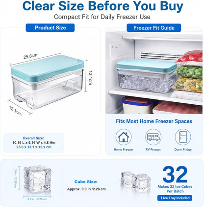 Ice Trays for Freezer with Lid & Bin, Ice Cube Tray Making 64 pcs Ice Cubes, Easy Press to Release Ice, Ice Tray with Storage Bin Chilling Cocktail Whiskey Coffee 2 Trays 1 Ice Bucket & Scoop (Black)