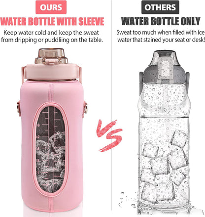 Half Gallon Water Bottle with Sleeve, 64OZ Motivational Water Bottle with Straw & Time Marker, BPA Free Leakproof Gym for Sport Workout