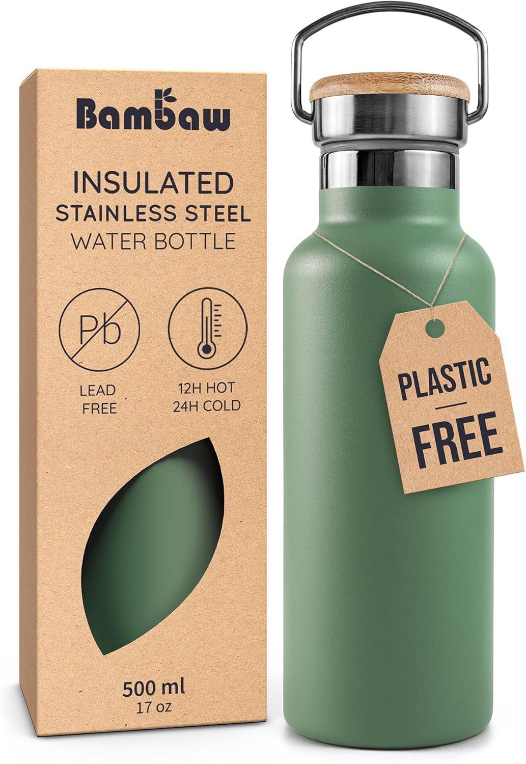 Bambaw 24 oz Stainless Steel Water Bottle, Insulated Metal Water Bottle Wide Mouth, Great for Hiking & Travel, With Handle Easy to Carry, Rust-Resistant & Durable (Aegean Blue)