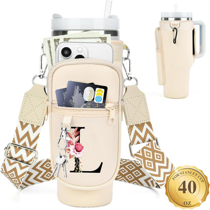 LOKASS Personalized Water Bottle Holder with Strap for Stanley Cup Accessories 40 oz, Initial for Stanley Cup Holder Carrier Bag with Phone Pocket, Stylish Tumbler Accessories for Daily Use Hands-Free