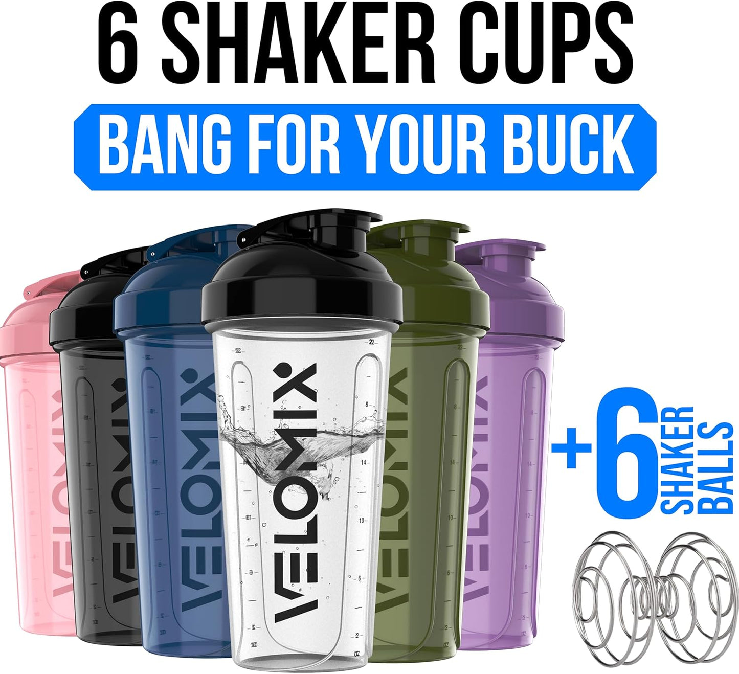 VELOMIX -6 PACK- 28 oz Protein Shaker Bottle for Protein Mixes - 6x Wire Whisk | Leak Proof Shaker Cups for Protein Shakes | Protein Shaker Bottle Pack | Protein Shake Cup (Earth Tones Collection)