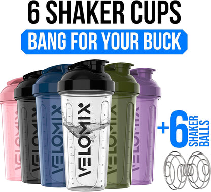 VELOMIX -6 PACK- 28 oz Protein Shaker Bottle for Protein Mixes - 6x Wire Whisk | Leak Proof Shaker Cups for Protein Shakes | Protein Shaker Bottle Pack | Protein Shake Cup (Earth Tones Collection)