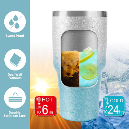 D·S 30oz Blue Tumbler Stainless Steel Double Wall Vacuum Insulated Mug with Straw and Lid, Cleaning Brush for Cold and Hot Beverages