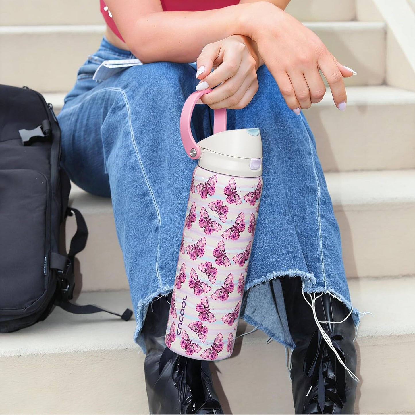 ENCOOL Leakproof Insulated Water Bottle with Straw Dual-Sip Water Bottle Bag-Safe Design for Work, Commute & Gym – Keeps Drinks Cold All Day, 24 oz, Lemonade Pink - Colors A
