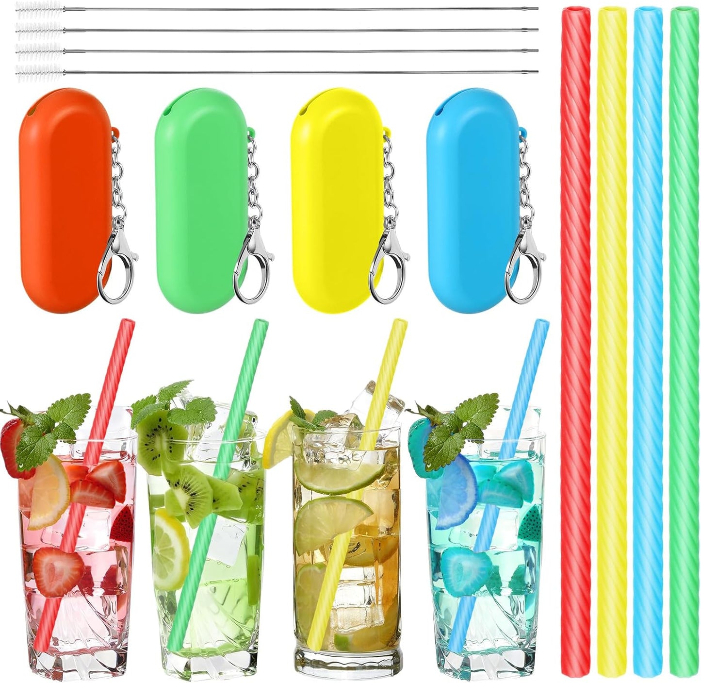Meanplan 4 Sets Cruise Ship Essentials,4 Set Silicone Straws with Case Reusable Silicone Portable Drinking Straw Set for Party Travel Cold or Hot with 4 Carry Case, 4 Cleaning Brushes (Classic Color)