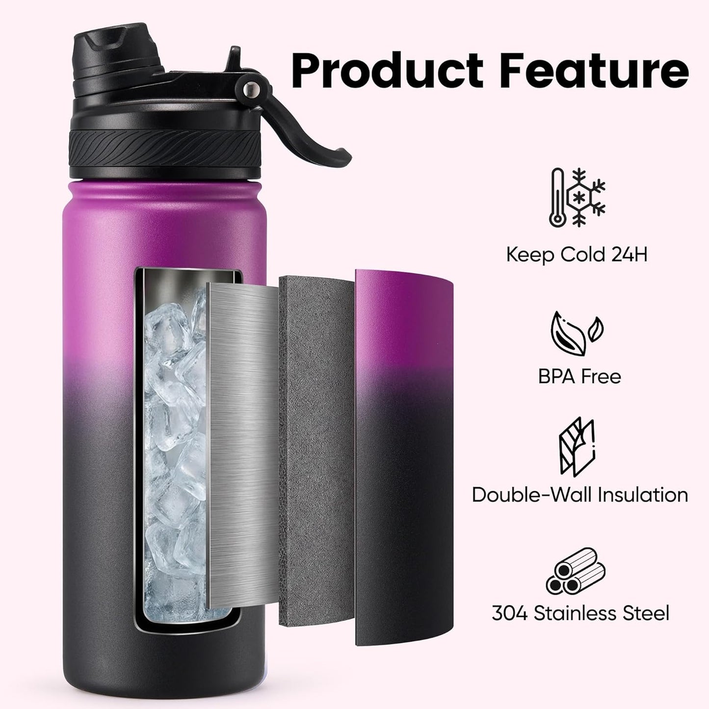 Fijinhom 18 oz Insulated Water Bottle, 2-in-1 Straw and Spout Lid Stainless Steel Thermos, Leak-Proof, Double Wall Vacuum Flask, Keep Cold 24H for Outdoor, Sports, Travel, School (Black)