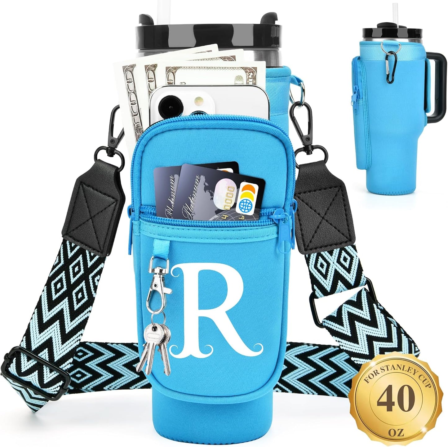 LOKASS Personalized Water Bottle Holder with Strap for Stanley Cup Accessories 40 oz, Initial for Stanley Cup Holder Carrier Bag with Phone Pocket, Stylish Tumbler Accessories for Daily Use Hands-Free