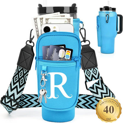 LOKASS Personalized Water Bottle Holder with Strap for Stanley Cup Accessories 40 oz, Initial for Stanley Cup Holder Carrier Bag with Phone Pocket, Stylish Tumbler Accessories for Daily Use Hands-Free