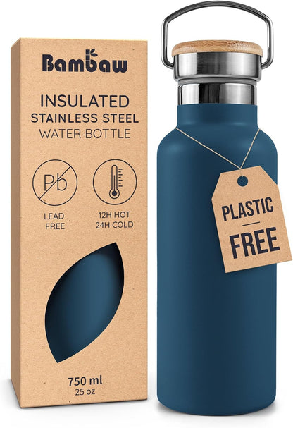 Bambaw 24 oz Stainless Steel Water Bottle, Insulated Metal Water Bottle Wide Mouth, Great for Hiking & Travel, With Handle Easy to Carry, Rust-Resistant & Durable (Aegean Blue)