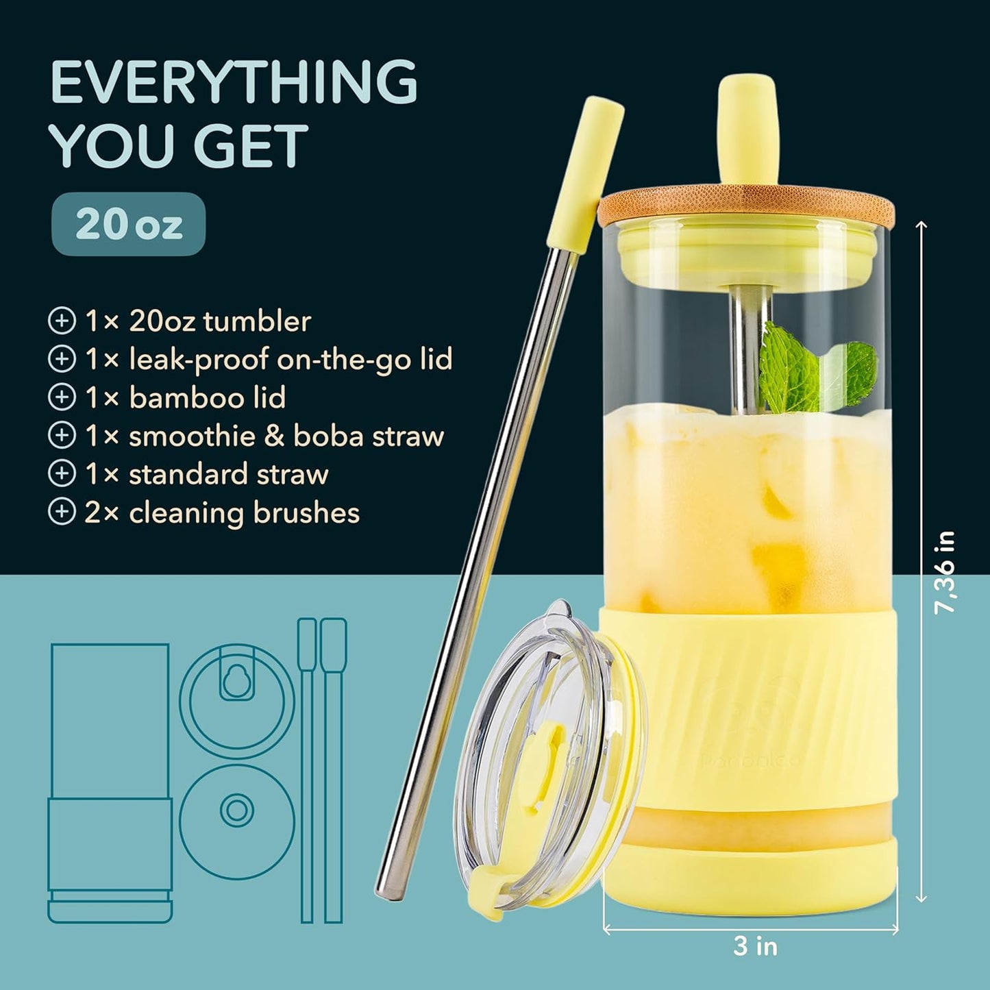Pandaloo® Glass Cups With Lids and Straws -20 Fl Oz- Perfect Size Iced Coffee Cup - Smoothie Cup With Bamboo Lid and On the go Lid - Glass Tumbler With Straw (1 Count (Pack of 1), Lilac Rhapsody)