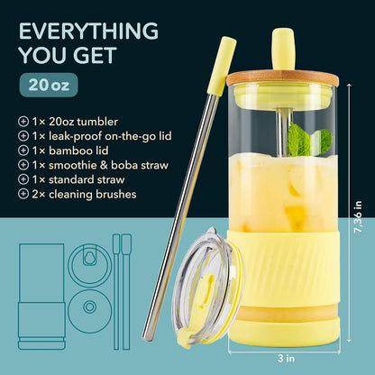 Pandaloo® Glass Cups With Lids and Straws -20 Fl Oz- Perfect Size Iced Coffee Cup - Smoothie Cup With Bamboo Lid and On the go Lid - Glass Tumbler With Straw (1 Count (Pack of 1), Lilac Rhapsody)