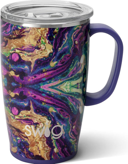 Swig Life 18oz Travel Mug, Insulated Tumbler with Handle and Lid, Cup Holder Friendly, Dishwasher Safe, Stainless Steel, Travel Coffee Cup (Honey Meadow)