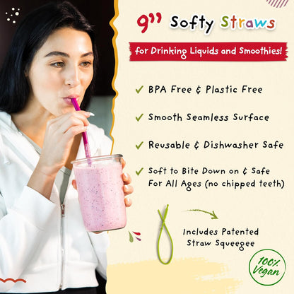 Softy Straws Premium Reusable Stainless Steel Drinking Straws With Silicone Tips + Patented Straw Cleaners and Carrying Case - 9” Long Metal With Curved Bend for 20/30/32oz Tumblers