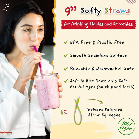 Softy Straws Premium Reusable Stainless Steel Drinking Straws With Silicone Tips + Patented Straw Cleaners and Carrying Case - 9” Long Metal With Curved Bend for 20/30/32oz Tumblers