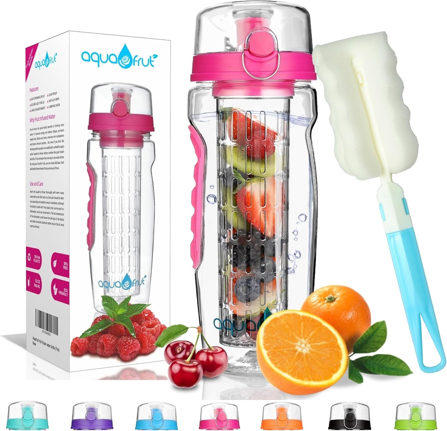 aquaFrut 32 OZ Fruit Infuser Water Bottle BPA-Free Fruit Infusion Sports Bottle - Flip Top Lid w Drinking Spout, Leak Proof, Made of Durable Tritan. Free Recipe eBook! (Teal)