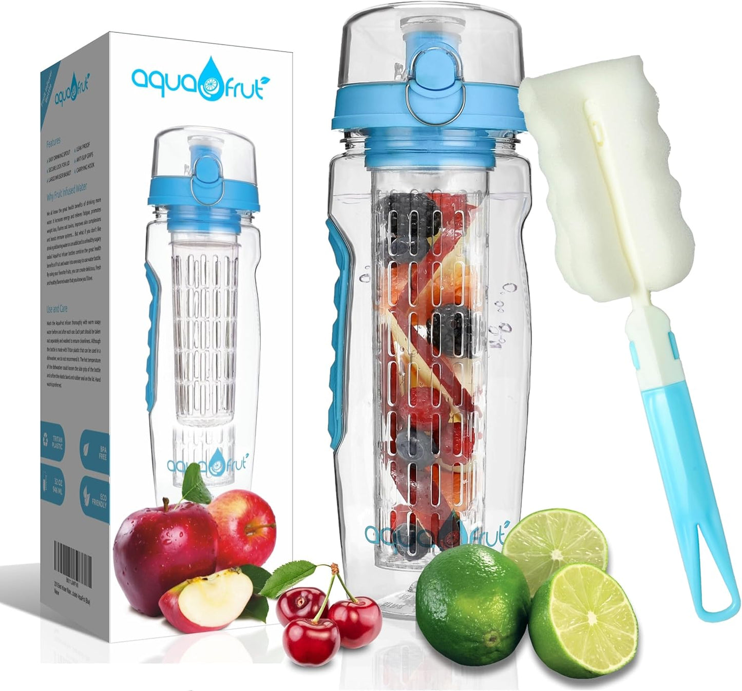aquaFrut 32 OZ Fruit Infuser Water Bottle BPA-Free Fruit Infusion Sports Bottle - Flip Top Lid w Drinking Spout, Leak Proof, Made of Durable Tritan. Free Recipe eBook! (Teal)
