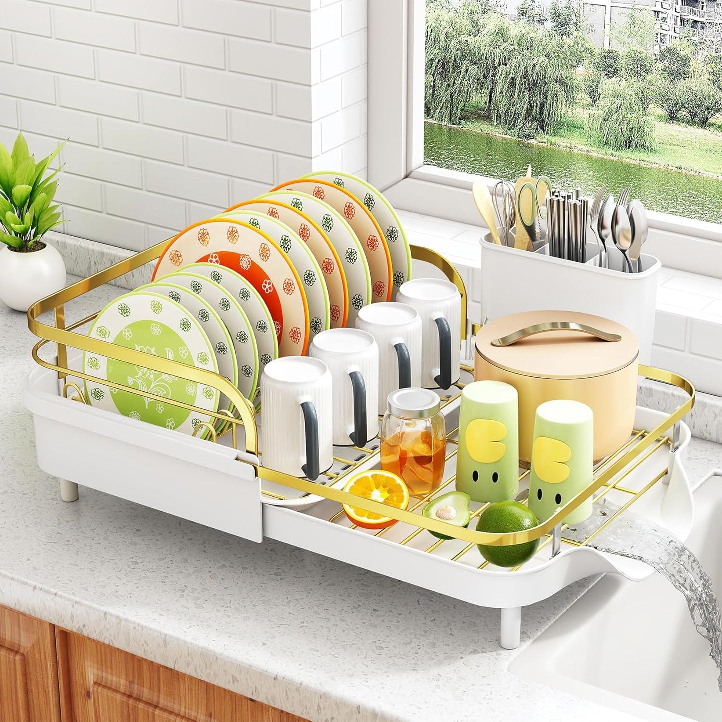SAYZH Dish Drying Rack - Expandable Dish Rack for Kitchen Counter, Rust-Resistant Dish Drainer with Utensil Holder and Raised Guardrail, Kitchen Organizer for Cup and Bottle (Black)