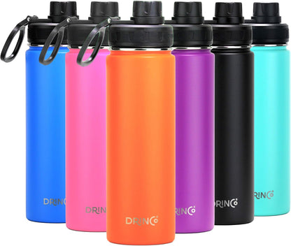 Drinco Stainless Steel Water Bottle Spout Lid Vacuum Insulated Double Wall Water Bottle Wide Mouth (40oz 32oz 22oz 18oz 14oz) Leak Proof Keep Cold Sport Camping Hiking (22 oz, 22oz Black)