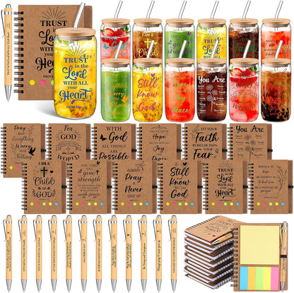 Skylety 12 Set Christian Gifts Bulk for Women Men Bible Study Journal 16 oz Inspirational Bible Verse Glass Cups Religious Tumblers with Lids Straw Pens for Pastor Church Anniversary Souvenirs Teacher