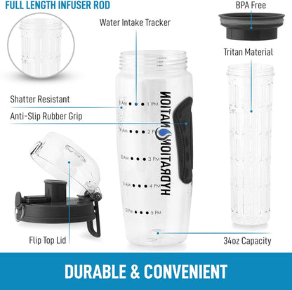 Hydration Nation 34oz Fruit Infuser Water Bottle - BPA Free Water Infuser Bottle with Dual Non-slip Grip & Flip Top Cap - Time Marked Water Bottle With Fruit Infuser Rod For Home & Outdoors (Black)