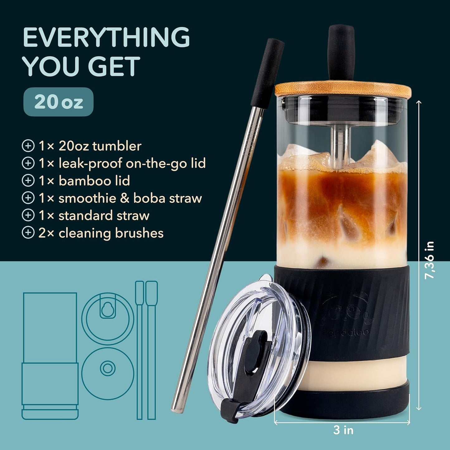Pandaloo® Glass Cups With Lids and Straws -20 Fl Oz- Perfect Size Iced Coffee Cup - Smoothie Cup With Bamboo Lid and On the go Lid - Glass Tumbler With Straw (1 Count (Pack of 1), Lilac Rhapsody)