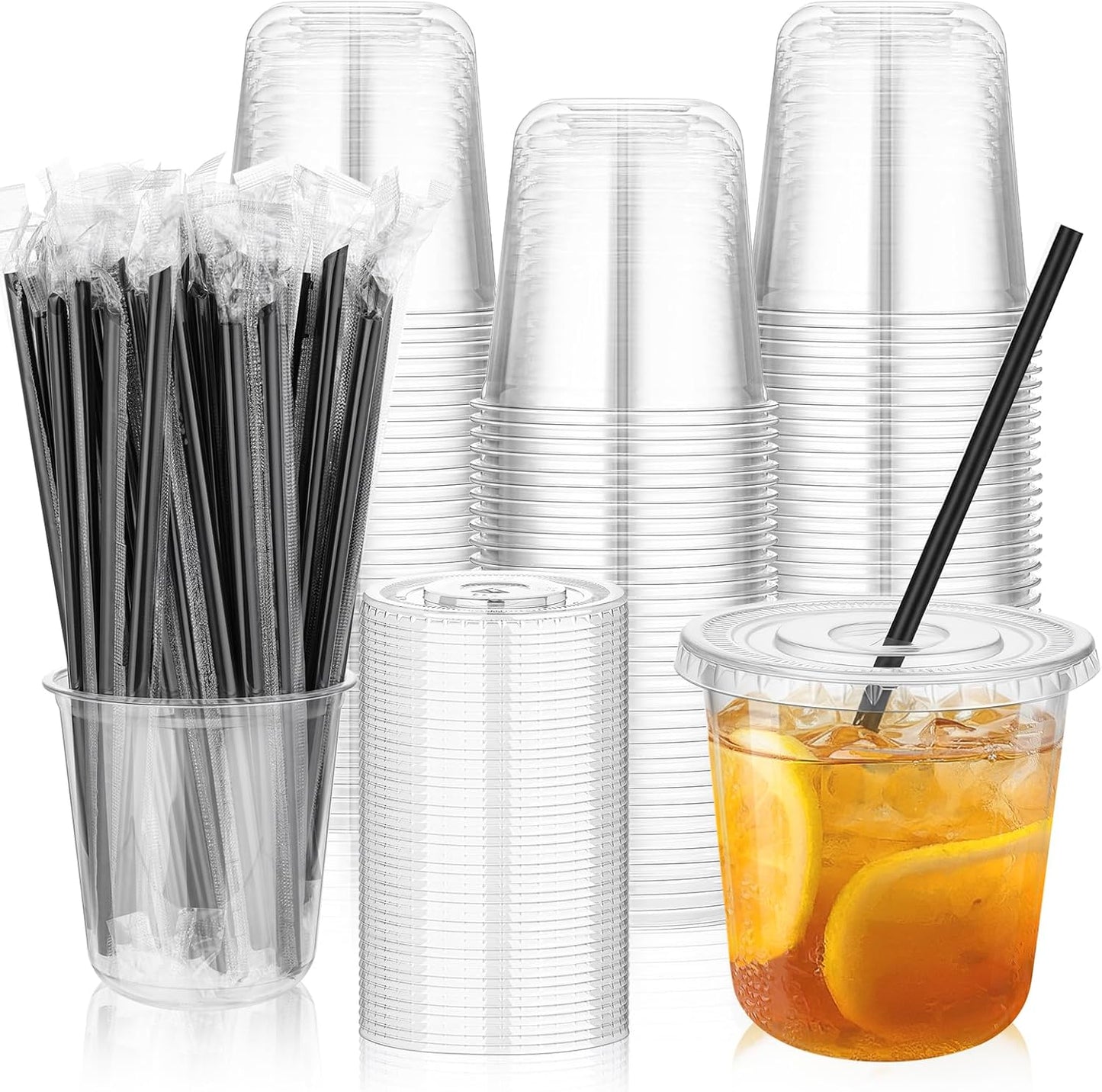 tchrules 100 Set 16oz Plastic Cups with Lids and Straws, Disposable Clear Iced Coffee Cup with Lid, Round Bottom Plastic To Go Cups for Cold Drinks Slushie Smoothie Lemonade Matcha Party Shop Supplies