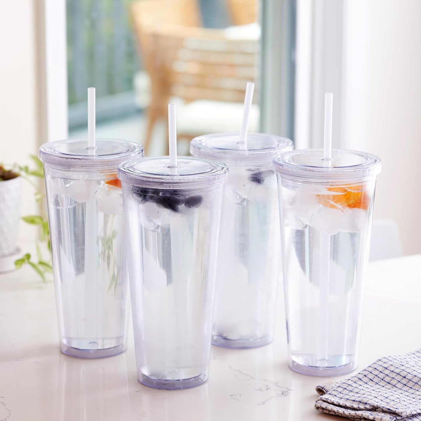 24oz Double Wall Plastic Tumblers with Lids and Straws | Large Classic Travel Tumbler | 4 Pack Set of 4 | Clear Reusable Cups with Straws | BPA Free