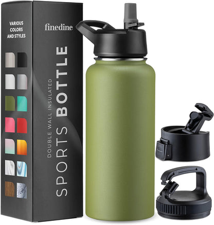 FineDine Water Bottle - Stainless Steel Insulated Water Bottle with Straw Lid, Flip Lid & Wide-Mouth Cap - Keeps Hot and Cold - 25 Oz / 739ml - Dreamy Purple