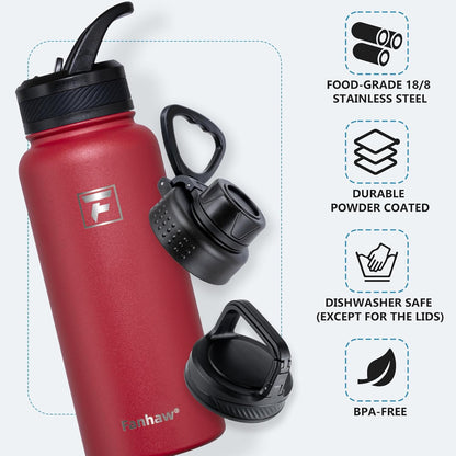 Fanhaw 40 oz Insulated Water Bottle – Stainless Steel Flask with 3 Lids (Straw, Spout, Carabiner) | Durable, Leakproof, for Hiking, Camping, Outdoor Adventures & Travel (Green Blue)