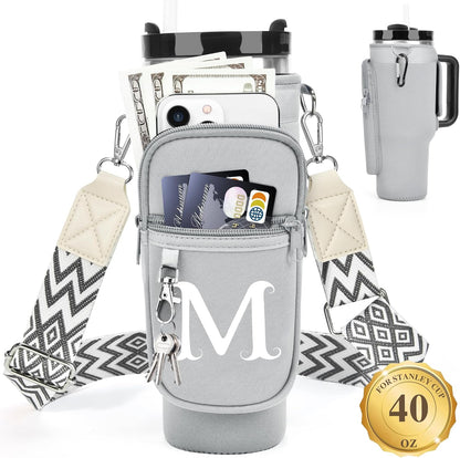 LOKASS Personalized Water Bottle Holder with Strap for Stanley Cup Accessories 40 oz, Initial for Stanley Cup Holder Carrier Bag with Phone Pocket, Stylish Tumbler Accessories for Daily Use Hands-Free