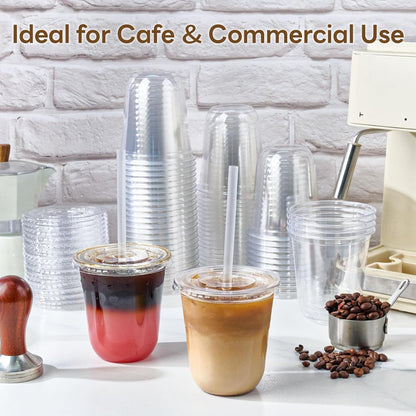 Vplus 100 Pack 12 oz Iced Coffee Cups with Lids, Disposable Plastic Cups with Lids and Straws for Cold Beverages, Juice, Milkshakes, Coffee Shops, Parties and Daily Use