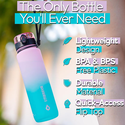 Embrava Sports Water Bottle 32oz - Fast Flow Flip Top Lid - BPA & BPS Free Leakproof Reusable - Lightweight Non-Toxic Tritan Plastic 1 Liter - Gym Hiking Office School Travel