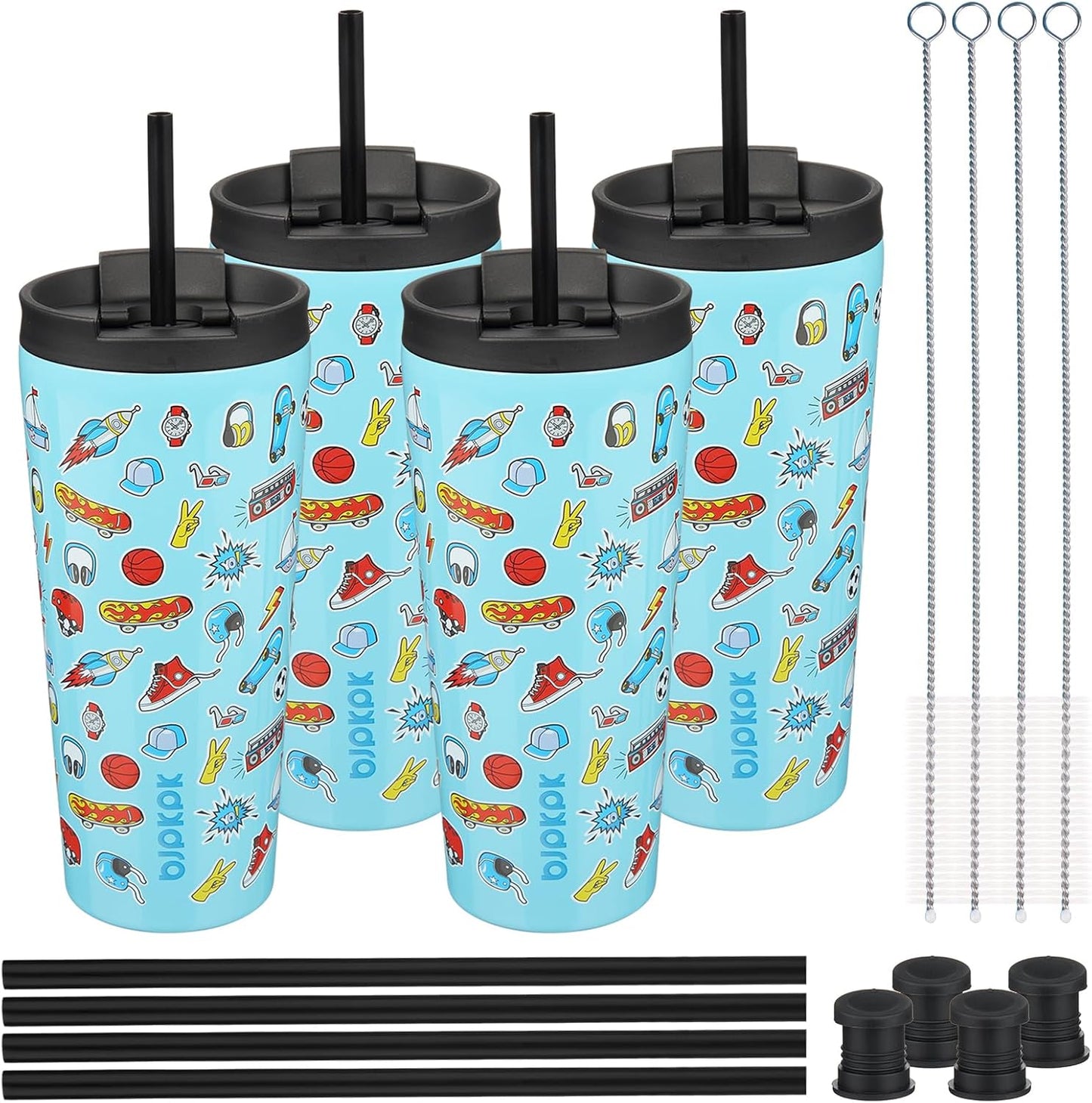 BJPKPK 4 Pack Tumbler with Lid and Straw,30oz Insulated Tumblers Bulk Reusable Travel Coffee Mug, Dishwasher Safe Double Wall Vacuum Insulated Cup Gift for Men Women,Light Blue Leopard