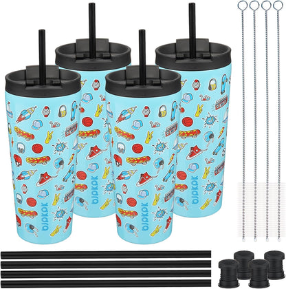 BJPKPK 4 Pack Tumbler with Lid and Straw,30oz Insulated Tumblers Bulk Reusable Travel Coffee Mug, Dishwasher Safe Double Wall Vacuum Insulated Cup Gift for Men Women,Light Blue Leopard