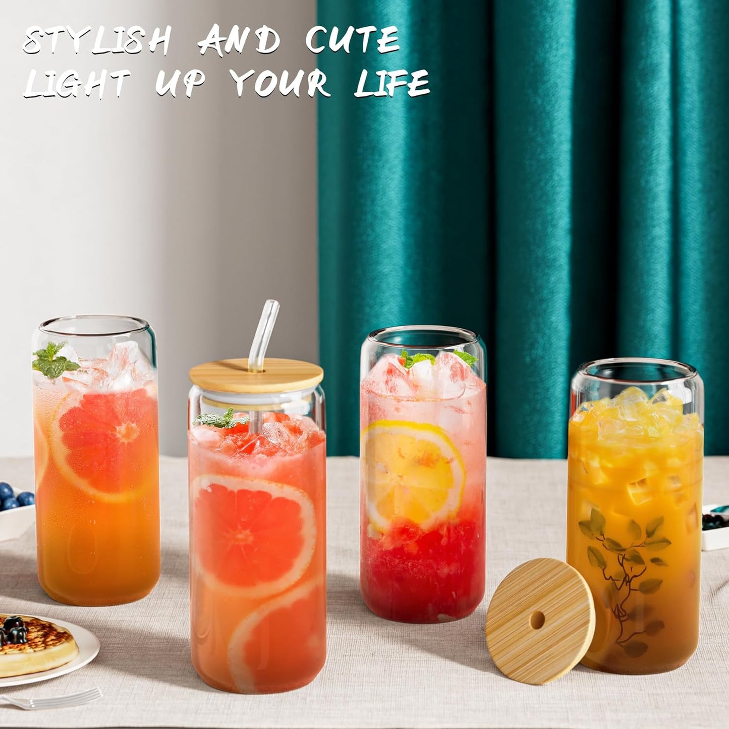 12 Pcs Glass Cups with Bamboo Lids and Straws - 16oz Glass Tumbler, Iced Coffee Cup, Can Shaped Drinking Glasses for Coffee, Tea, Smoothie, Juice, Cocktail Include 2 Cleaning Brushes