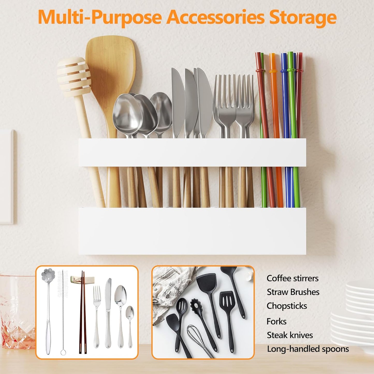 Acrylic Straw Holder for Cabinet Door, Reusable Tumbler Straw Organizer Storage inside Cabinet, Kitchen Accessories for Utensil, Ultra Sticky Adhesive Mounted, Black