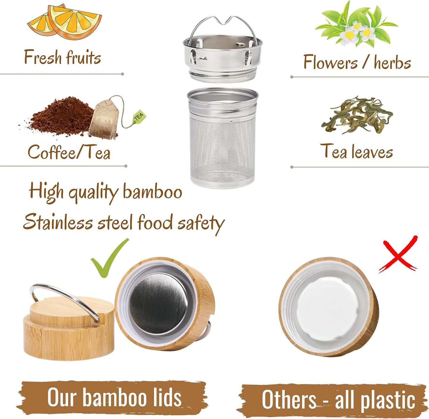 Bamboo Water Bottle Insulated Tea Tumbler for Men Birthday Gift, Women Travel Tea Set with Diffuser for Loose Tea Leaves, Stainless Steel Leak Proof Gift for Mom (15 oz)
