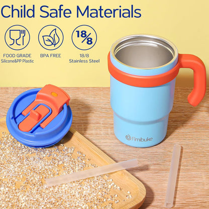 Fimibuke 16oz Kids Insulated Tumbler with Handle & Straws - 2 Pack BPA FREE 18/8 Stainless Steel Toddler Cups with Sip/Swig 2-in-1 Lids, Leak Proof Kid Drinking Cup Travel Mugs for Children Boys Girls