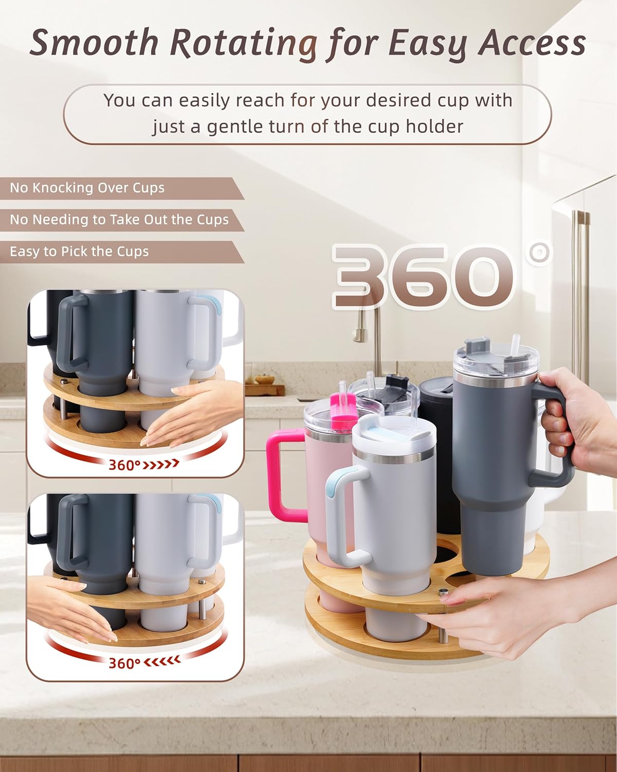 Rotating Wood Tumbler Organizer, 30 oz 40 oz Spinning Turnable Tumblers Holder, 360° Rotatable 7 Large Cups Bottle Tumbler Storage Display Stand, Rotate Syrup Organizer for Cabinet Countertop