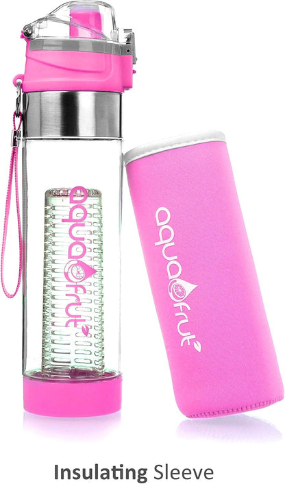 NEW Improved AquaFrut Bottom Loading Fruit Infuser Water Bottle Complete Bundle Includes Bottle Brush, Insulating Sleeve & Infusion Recipe eBook. Leak Proof Sweat Proof BPA-Free (Purple)