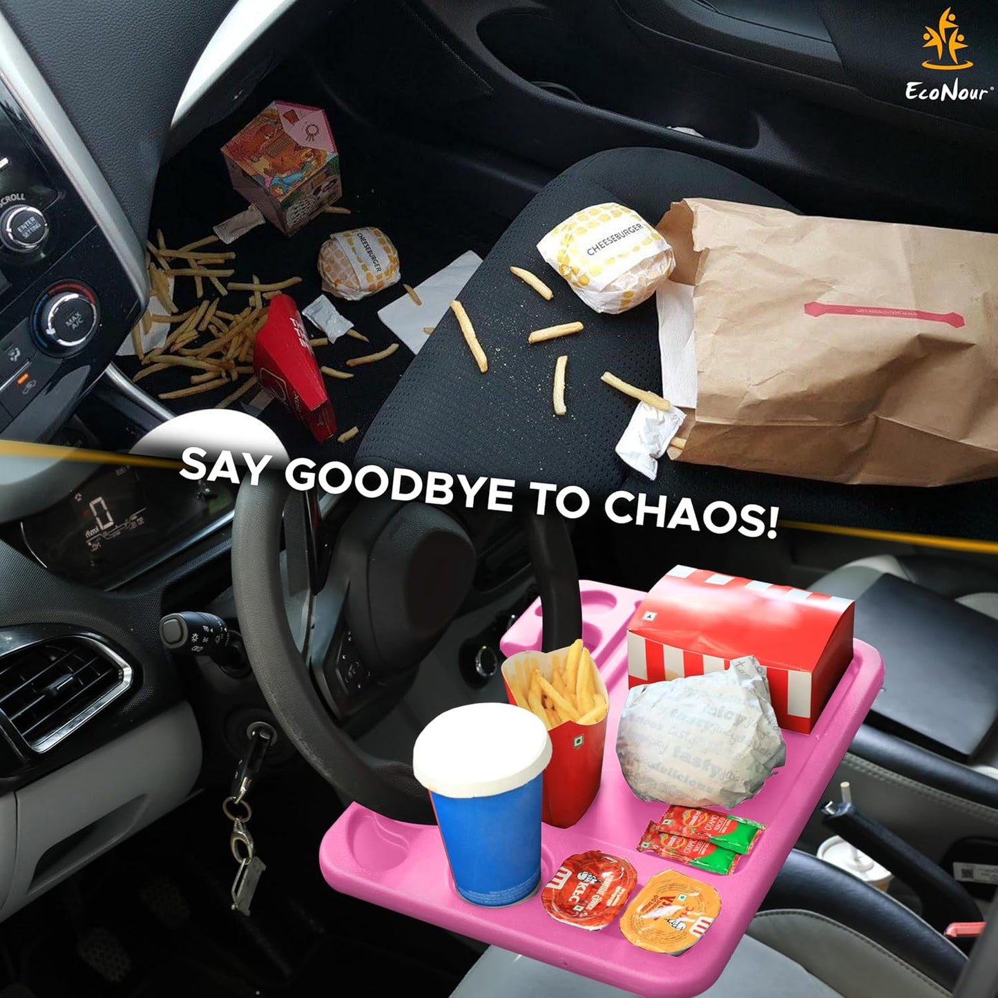 EcoNour 2 in 1 Car Steering Wheel Desk | Tray for Laptop Car Mount with Pen Holder | Desk Console for Car | Food Tray for Eating with Drinks Holder | Multipurpose Travel Car Accessories