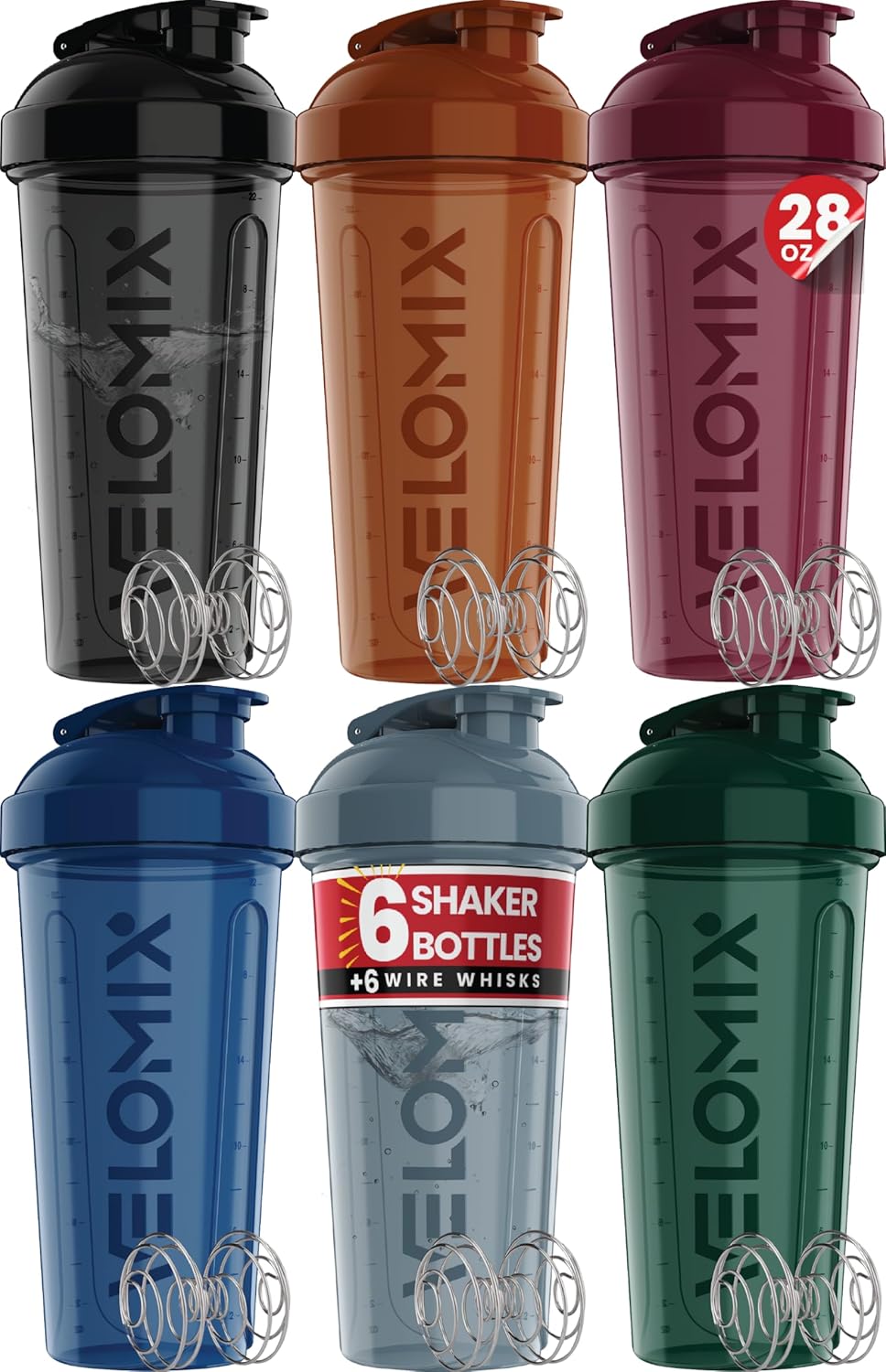 VELOMIX -6 PACK- 28 oz Protein Shaker Bottle for Protein Mixes -6x Wire Whisk | Leak Proof Shaker Cups for Protein Shakes | Large, Stackable Protein Shaker Bottle Pack