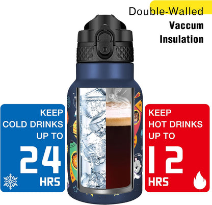 Han's Bottle Sports Water Bottle - 24 Oz, Straw Lid, Leak Proof, Vacuum Insulated Stainless Steel, Double Walled, Thermo Mug,Black
