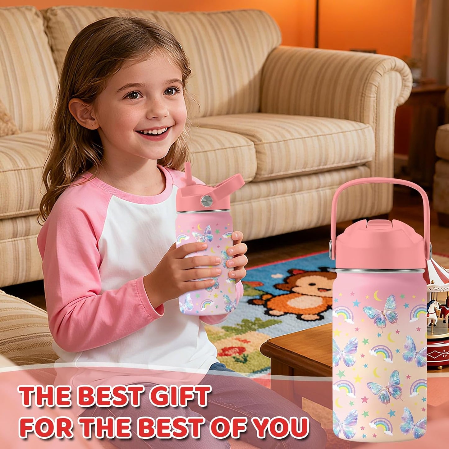 Strawberry Gifts for Kids - 16oz Pink Kids Water Bottle with Straw Lid, Stainless Steel Insulated Water Bottle, Leakproof, BPA-Free, for Girls, School, Strawberry Lover Children Birthday Gift Cup(1pc)