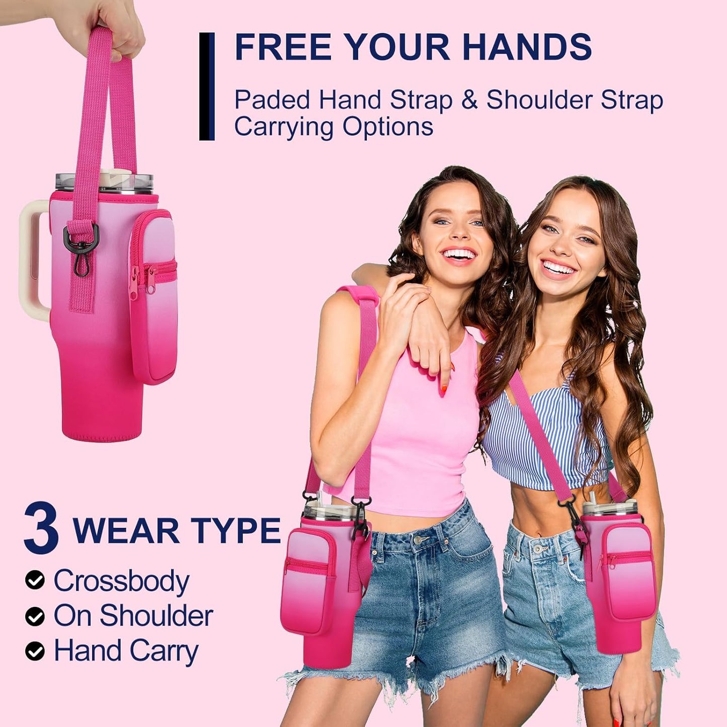 GOEWY Water Bottle Carrier Bag for Stanley 40/30 oz Tumbler with Phone Pocket Neoprene Water Bottle Holder with Shoulder & Handheld Strap Stanley Cup Accessories