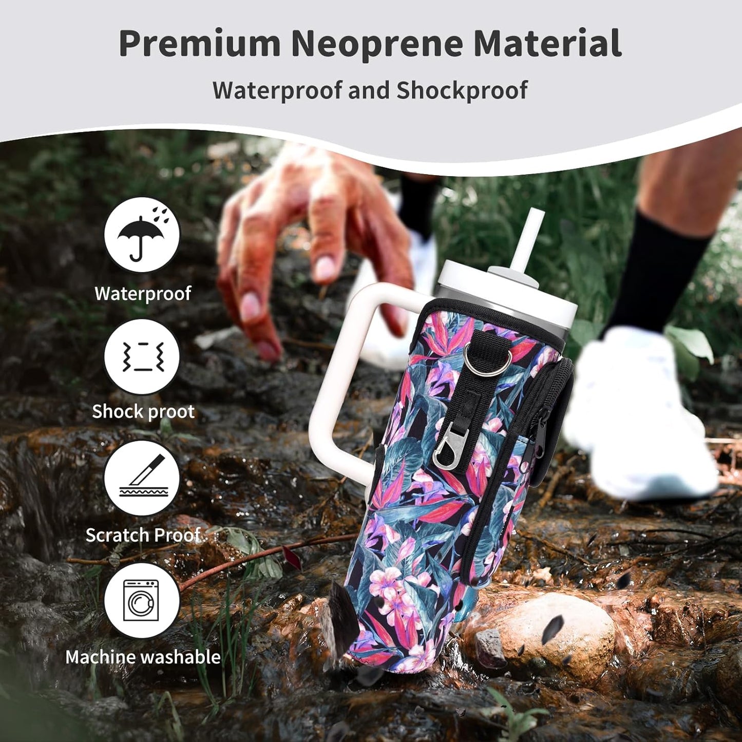 Water Bottle Holder with Strap for Stanley Cup 40/30oz, Insulated Neoprene Stanley Cup Holder with Strap for Tumbler with Handle Stanley Carrier Bag Cross-body Bag for Walking