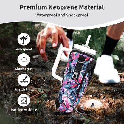 Water Bottle Holder with Strap for Stanley Cup 40/30oz, Insulated Neoprene Stanley Cup Holder with Strap for Tumbler with Handle Stanley Carrier Bag Cross-body Bag for Walking