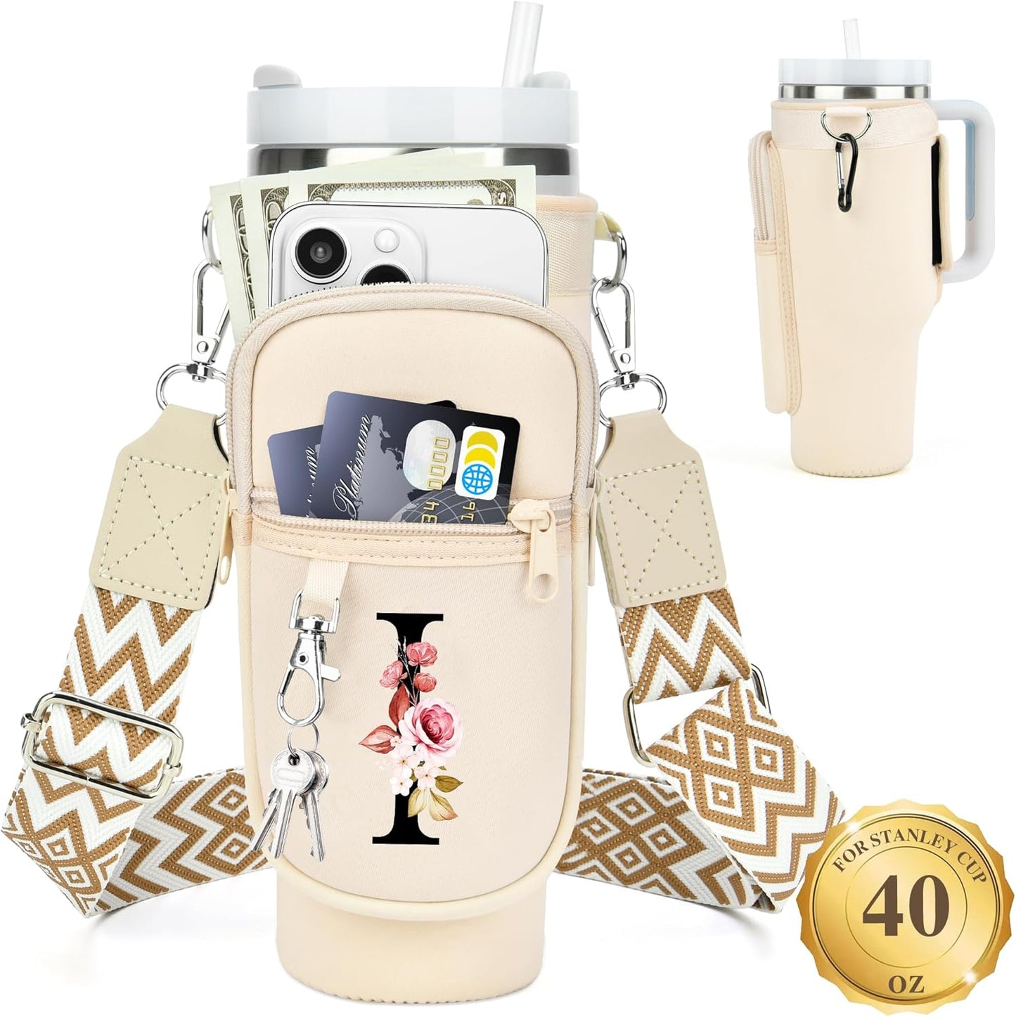 LOKASS Personalized Water Bottle Holder with Strap for Stanley Cup Accessories 40 oz, Initial for Stanley Cup Holder Carrier Bag with Phone Pocket, Stylish Tumbler Accessories for Daily Use Hands-Free
