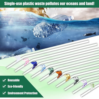 Meanplan 10 Pcs Cute Reusable Glass Straws with Design,8 mm x 7.9'' Shatter Resistant Butterfly Bow Clear Bent Glass Straw with Cleaning Brush for Drink Party Milkshakes Juice (Mixed Color)